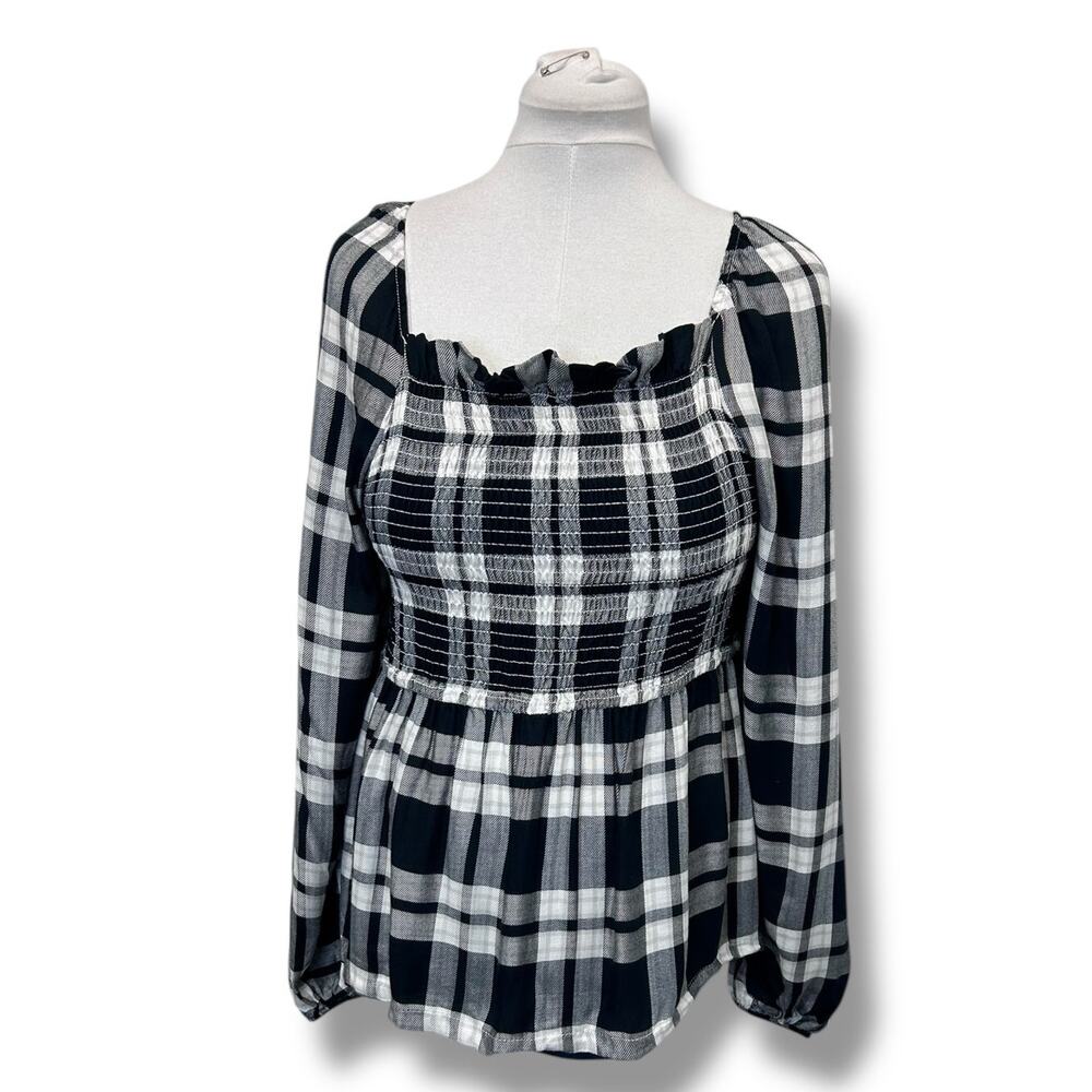 Inner Circle Women’s Long Sleeve Smock Bodice Blouse, Black Plaid, size XL